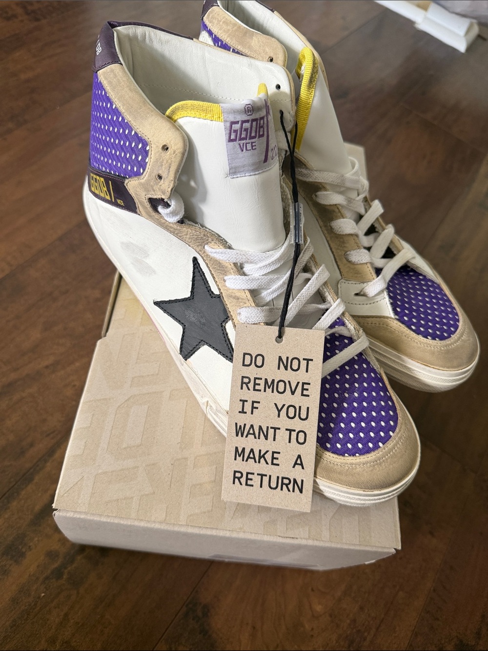 Golden Goose Kids High-Top Sneakers in White, Purple & Tan